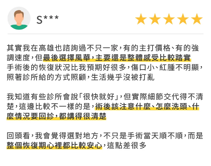 高雄風華植髮術後恢復期狀況良好,傷口小且衛教細節講解清楚 ihair風華御髮-高雄植髮診所真實google評論-高雄M型禿植髮推薦