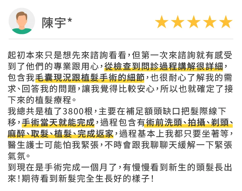 諮詢講解詳細用心,在ihair完成3800根植髮手術,期待一個月後新髮生長 ihair風華御髮-高雄植髮診所真實google評論-高雄M型禿植髮推薦