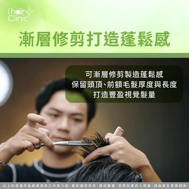 可考慮漸層修剪,營造十足蓬鬆感,打造茂密視覺髮量 修剪層次營造蓬鬆感-地中海禿 髮型