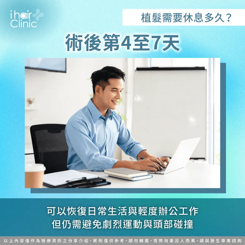 術後4-7天腫脹消退,可佩戴帽子或調整髮型恢復正常工作 術後4-7天正常上班-植髮需要休息多久