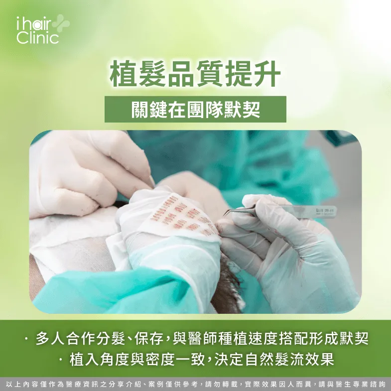植髮效果關鍵在團隊默契,透過協作能夠提升毛囊處理與髮流自然度 植髮效果-植髮 團隊 人數