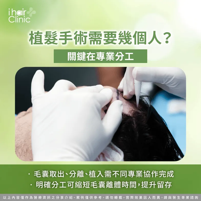 植髮團隊分工解析,認識毛囊取出、分離與植入流程說明 植髮團隊分工-植髮 團隊 人數