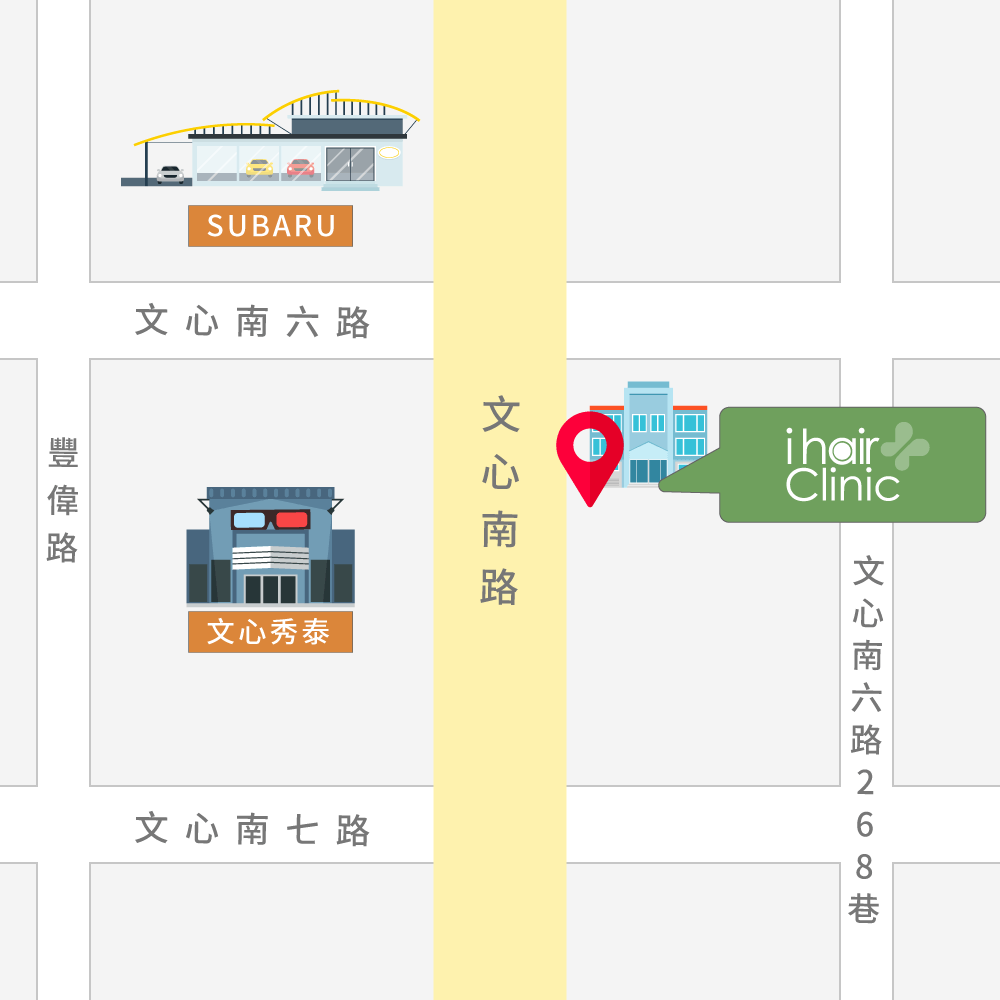 位於台中文心秀泰對面,交通便利,台中植髮推薦首選 ihair風華御髮台中植髮診所-台中植髮推薦