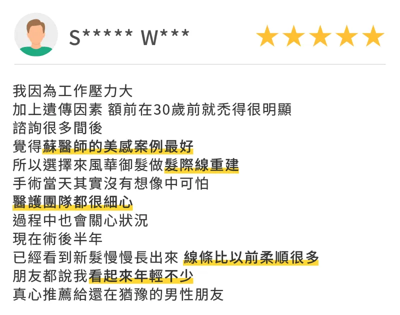 推薦蘇醫師美感設計髮際線,術後減齡有感 台北風華植髮診所評價-台北M型禿植髮推薦